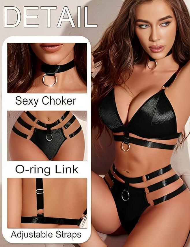 Black Sheer Mesh Strappy Lingerie Set with Choker