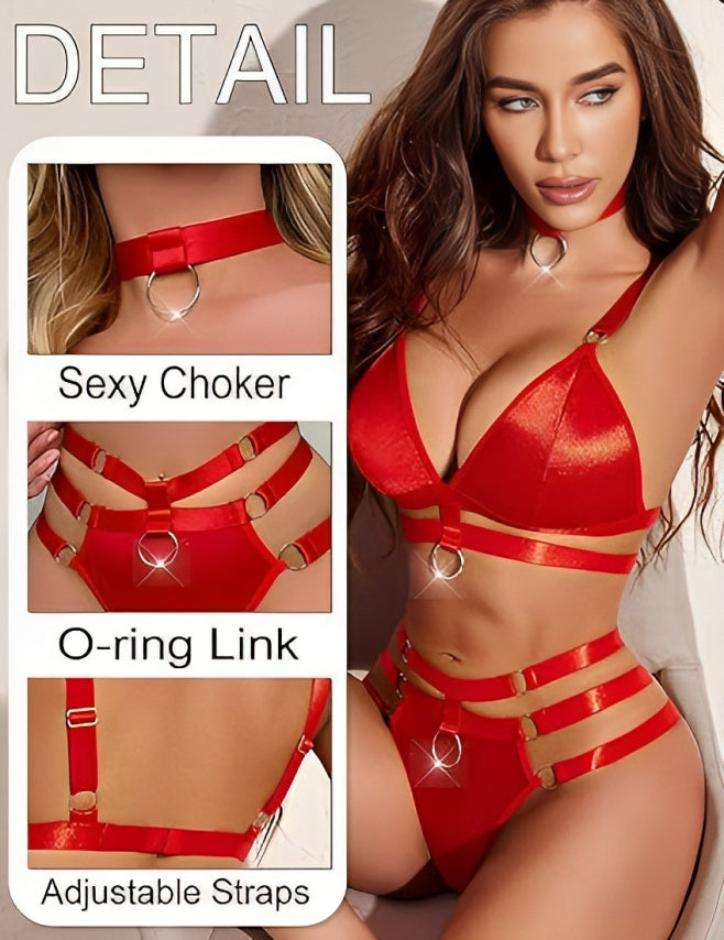 Black Sheer Mesh Strappy Lingerie Set with Choker