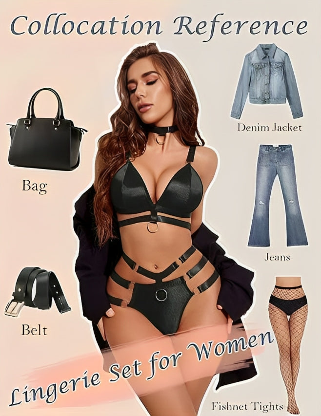 Black Sheer Mesh Strappy Lingerie Set with Choker