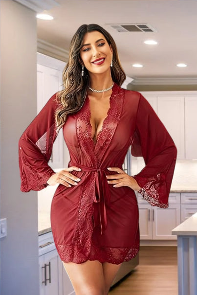 Sheer Lace Robe Nightdress with Tie Waist – Elegant Mesh Lingerie Wrap